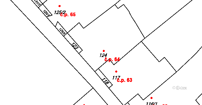 Myslibořice 64 na parcele st. 124 v KÚ Myslibořice, Katastrální mapa