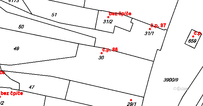 Stařeč 86 na parcele st. 30 v KÚ Stařeč, Katastrální mapa