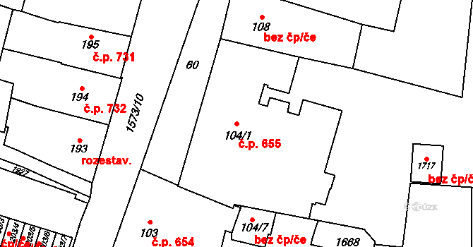 Litovel 655 na parcele st. 104/1 v KÚ Litovel, Katastrální mapa