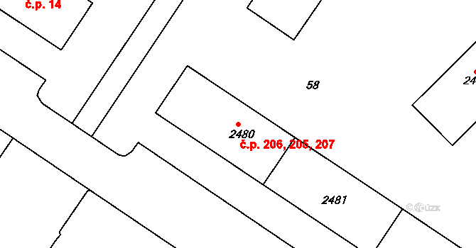 Střed 205,206,207, Rokycany na parcele st. 2482 v KÚ Rokycany, Katastrální mapa