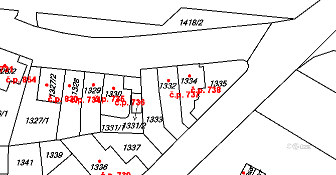 Vysočany 737, Praha na parcele st. 1332 v KÚ Vysočany, Katastrální mapa