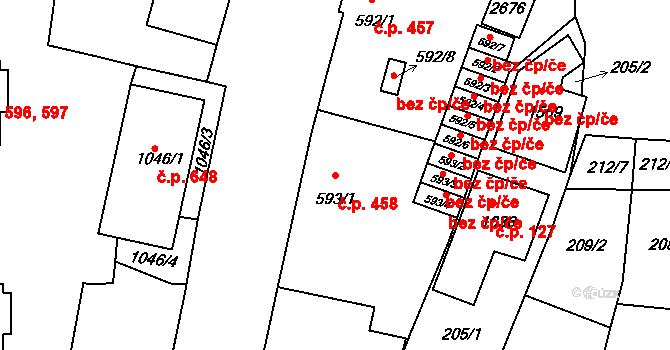 Rožmitál pod Třemšínem 458 na parcele st. 593/1 v KÚ Rožmitál pod Třemšínem, Katastrální mapa