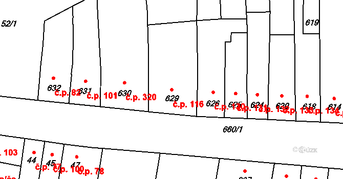 Opatovice 116 na parcele st. 629 v KÚ Opatovice u Rajhradu, Katastrální mapa