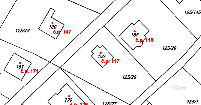 Doubek 117 na parcele st. 152 v KÚ Doubek, Katastrální mapa