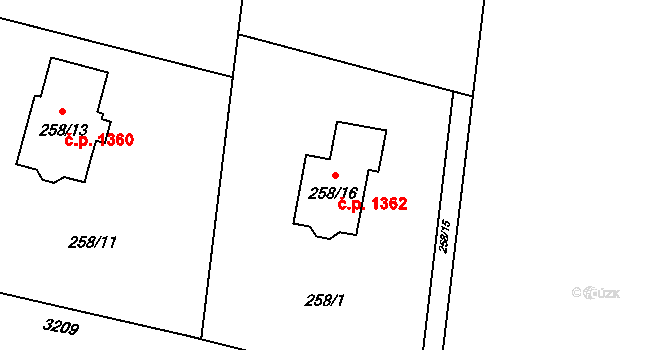 Radvanice 1362, Ostrava na parcele st. 258/16 v KÚ Radvanice, Katastrální mapa
