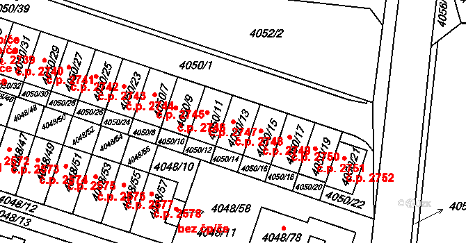 Horní Počernice 2748, Praha na parcele st. 4050/13 v KÚ Horní Počernice, Katastrální mapa