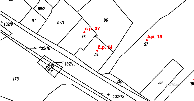 Křídla 14 na parcele st. 94 v KÚ Křídla, Katastrální mapa