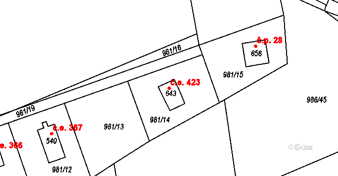Vlkančice 423 na parcele st. 643 v KÚ Vlkančice, Katastrální mapa