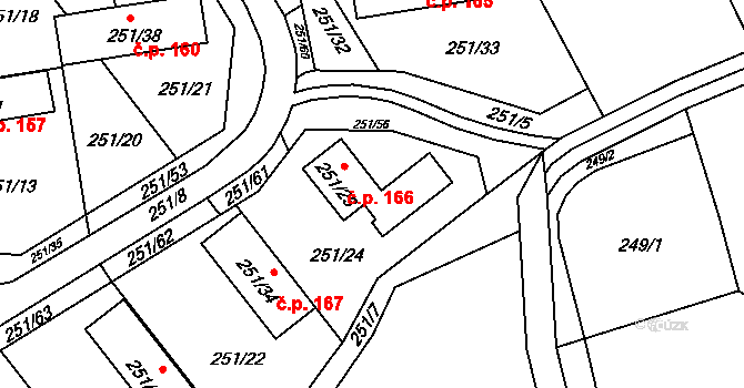 Týneček 166, Olomouc na parcele st. 251/23 v KÚ Týneček, Katastrální mapa