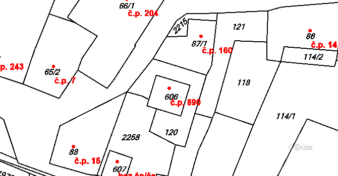 Všeruby 590 na parcele st. 606 v KÚ Všeruby u Plzně, Katastrální mapa