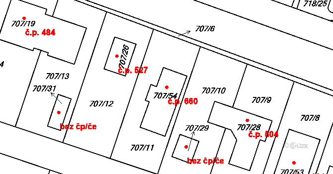 Zruč 660, Zruč-Senec na parcele st. 707/54 v KÚ Zruč, Katastrální mapa