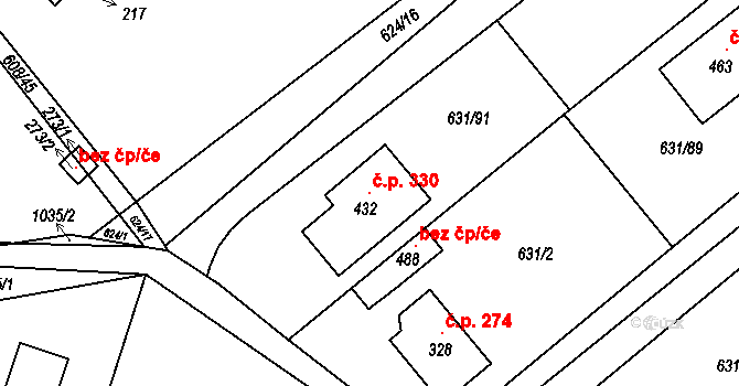 Tuhaň 330 na parcele st. 432 v KÚ Tuhaň, Katastrální mapa