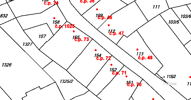 Holešov 72 na parcele st. 154 v KÚ Holešov, Katastrální mapa