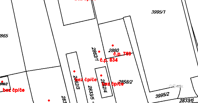 Holešov 834 na parcele st. 2862/1 v KÚ Holešov, Katastrální mapa