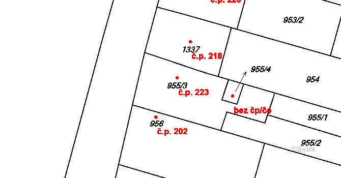 Pivín 223 na parcele st. 955/3 v KÚ Pivín, Katastrální mapa