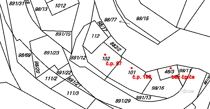 Rataje nad Sázavou 87 na parcele st. 102 v KÚ Rataje nad Sázavou, Katastrální mapa