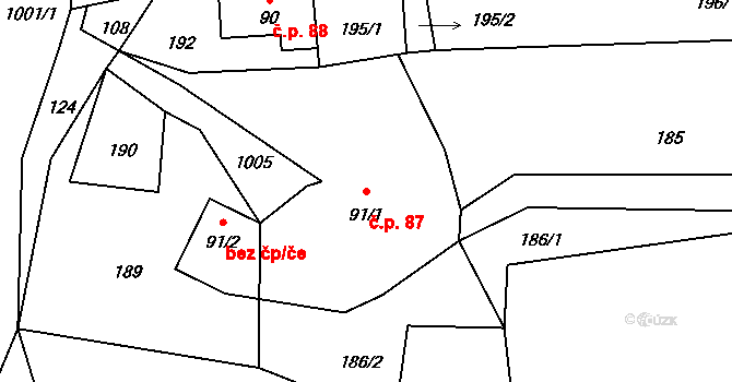 Radvanec 87 na parcele st. 91/1 v KÚ Radvanec, Katastrální mapa