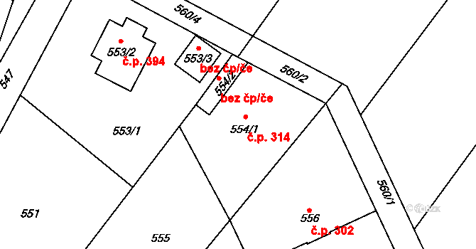 Kačice 314 na parcele st. 554/1 v KÚ Kačice, Katastrální mapa