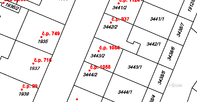 Ratíškovice 1054 na parcele st. 3443/2 v KÚ Ratíškovice, Katastrální mapa