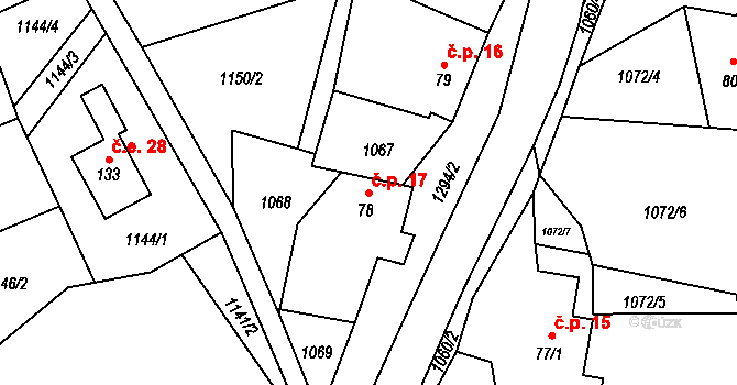 Kundratice 17, Hlinná na parcele st. 78 v KÚ Tlučeň, Katastrální mapa