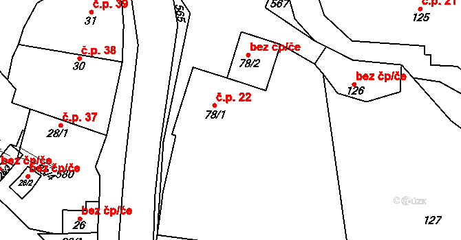 Hronětice 22, Kostomlaty nad Labem na parcele st. 78/1 v KÚ Hronětice, Katastrální mapa