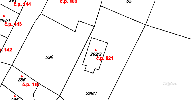 Hostomice 521 na parcele st. 289/2 v KÚ Hostomice pod Brdy, Katastrální mapa
