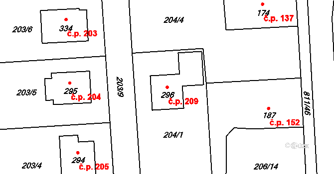 Luby 209, Klatovy na parcele st. 296 v KÚ Luby, Katastrální mapa
