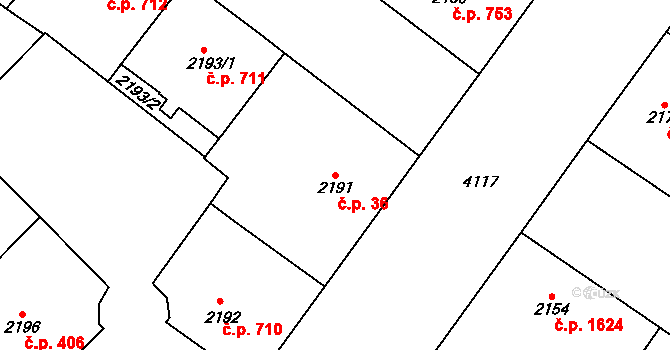 Vinohrady 36, Praha na parcele st. 2191 v KÚ Vinohrady, Katastrální mapa