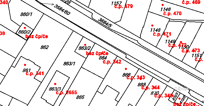 České Budějovice 5 342, České Budějovice na parcele st. 864 v KÚ České Budějovice 5, Katastrální mapa