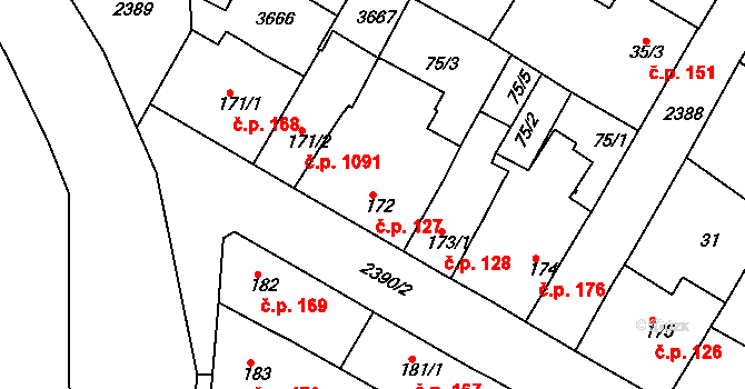 Rosice 127 na parcele st. 172 v KÚ Rosice u Brna, Katastrální mapa