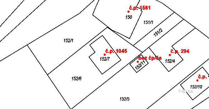 Ráj 1045, Karviná na parcele st. 152/7 v KÚ Ráj, Katastrální mapa