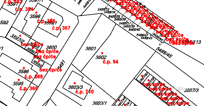 Božkov 94, Plzeň na parcele st. 3602 v KÚ Plzeň, Katastrální mapa