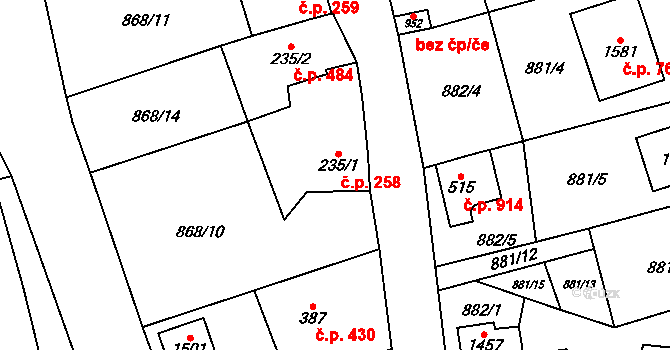 Bílovice nad Svitavou 258 na parcele st. 235/1 v KÚ Bílovice nad Svitavou, Katastrální mapa