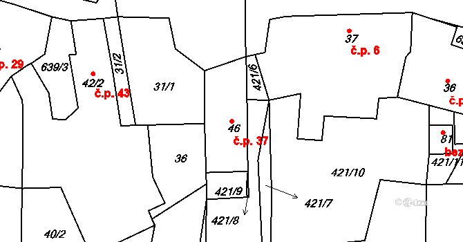 Pozdyně 37, Hvožďany na parcele st. 46 v KÚ Pozdyně, Katastrální mapa