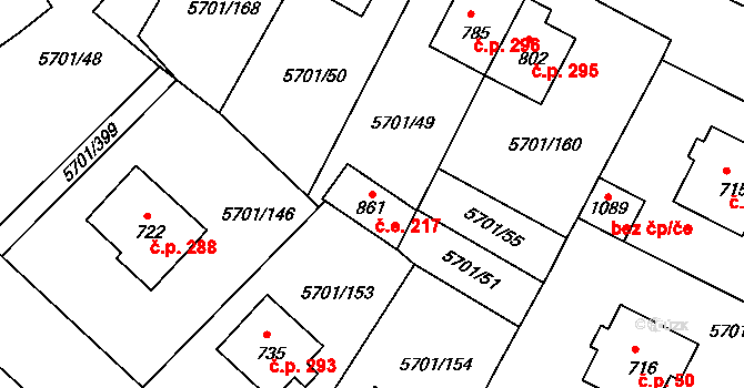 Hrádek 217 na parcele st. 861 v KÚ Hrádek u Znojma, Katastrální mapa