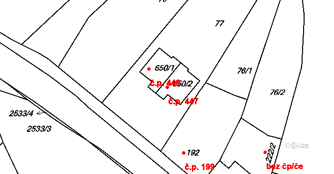 Čebín 447 na parcele st. 650/2 v KÚ Čebín, Katastrální mapa