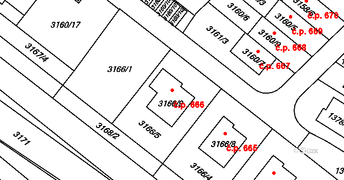 Sokolnice 666 na parcele st. 3166/9 v KÚ Sokolnice, Katastrální mapa