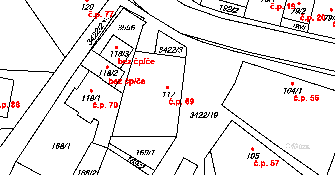 Želetava 69 na parcele st. 117 v KÚ Želetava, Katastrální mapa