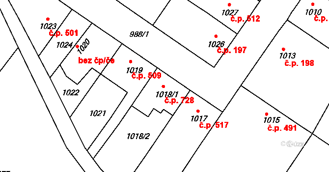 Lednice 728 na parcele st. 1018/1 v KÚ Lednice na Moravě, Katastrální mapa