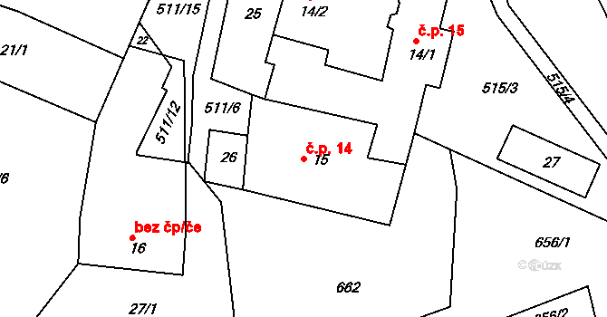 Řemenov 14, Olešná na parcele st. 15 v KÚ Řemenov, Katastrální mapa