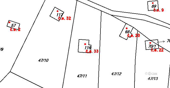 Topělec 33, Čížová na parcele st. 116 v KÚ Topělec, Katastrální mapa