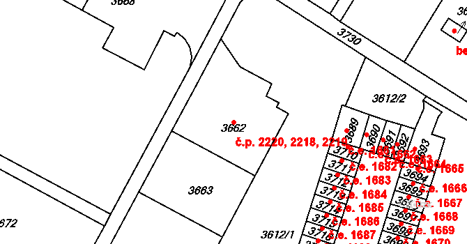 Most 2218,2219,2220 na parcele st. 3662 v KÚ Most II, Katastrální mapa