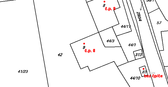 Lozice 8 na parcele st. 9 v KÚ Lozice, Katastrální mapa