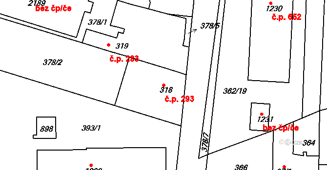 Neratovice 293 na parcele st. 318 v KÚ Neratovice, Katastrální mapa