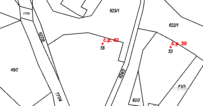 Bystřice nad Úhlavou 42, Nýrsko na parcele st. 58 v KÚ Bystřice nad Úhlavou, Katastrální mapa
