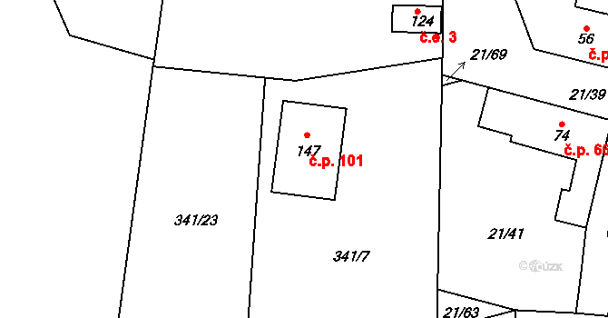 Hříběcí 101, Horní Cerekev na parcele st. 147 v KÚ Hříběcí, Katastrální mapa