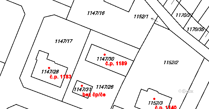Jemnice 1189 na parcele st. 1147/30 v KÚ Jemnice, Katastrální mapa