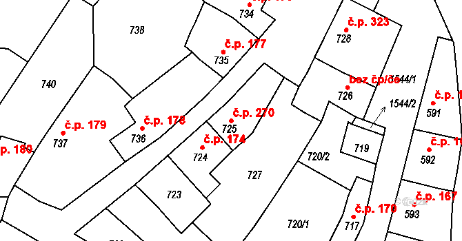 Plumlov 270 na parcele st. 725 v KÚ Plumlov, Katastrální mapa