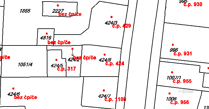 Nymburk 424 na parcele st. 424/8 v KÚ Nymburk, Katastrální mapa