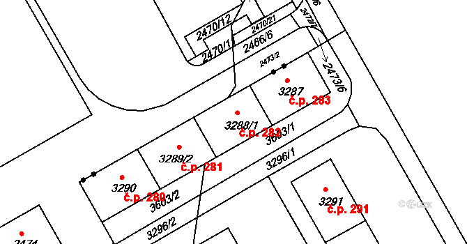 Lyžbice 282, Třinec na parcele st. 3288/1 v KÚ Lyžbice, Katastrální mapa